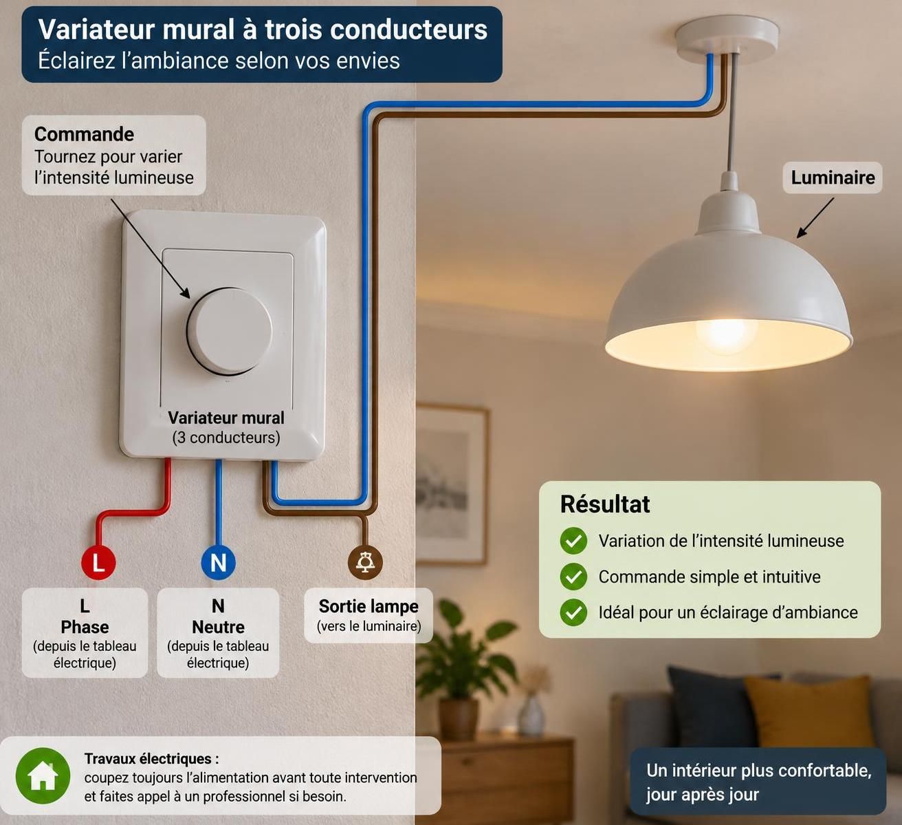 découvrez comment brancher un variateur 3 fils en toute sécurité : repérez les conducteurs, suivez les étapes de raccordement et vérifiez votre installation.