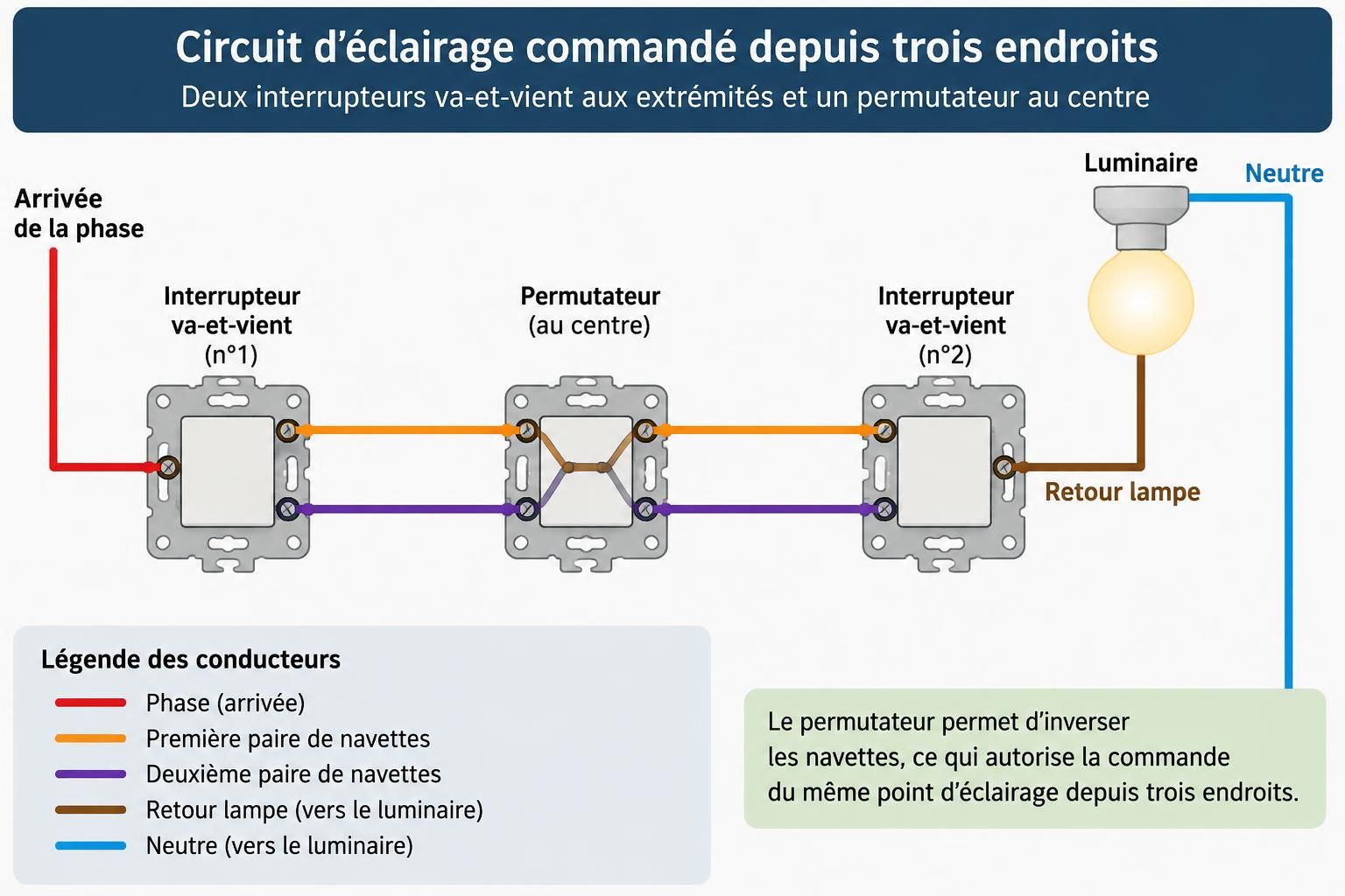découvrez le schéma de câblage de trois interrupteurs va-et-vient avec permutateur pour commander un éclairage depuis trois points différents.